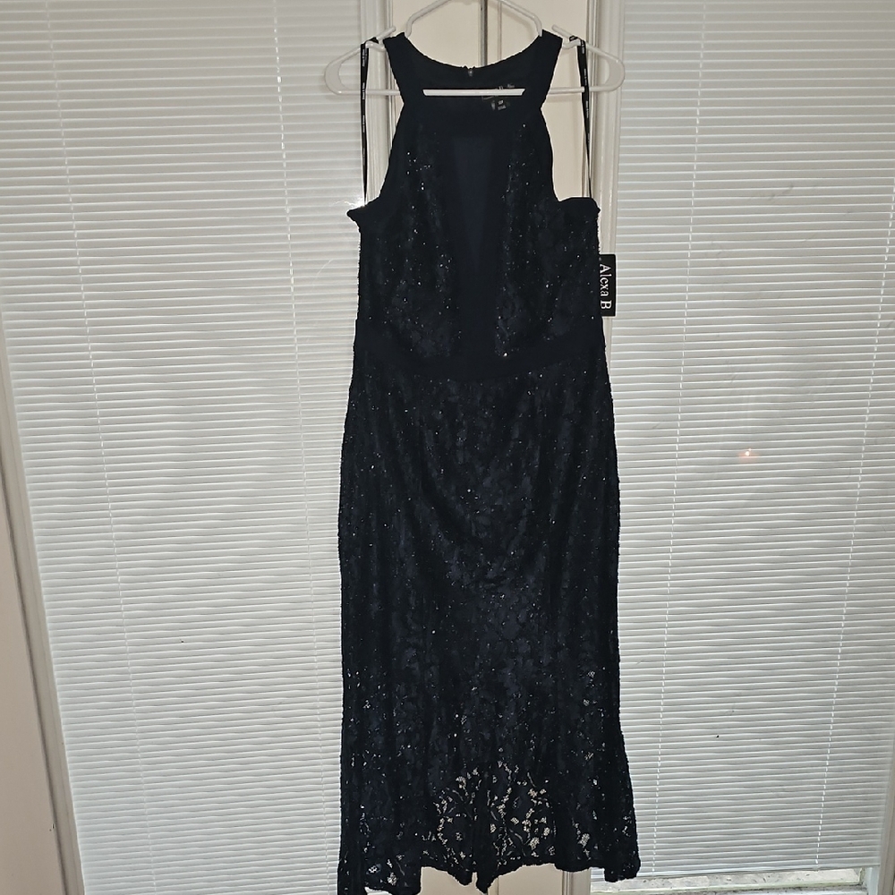 Sophisticated Navy Lace Halter Gown